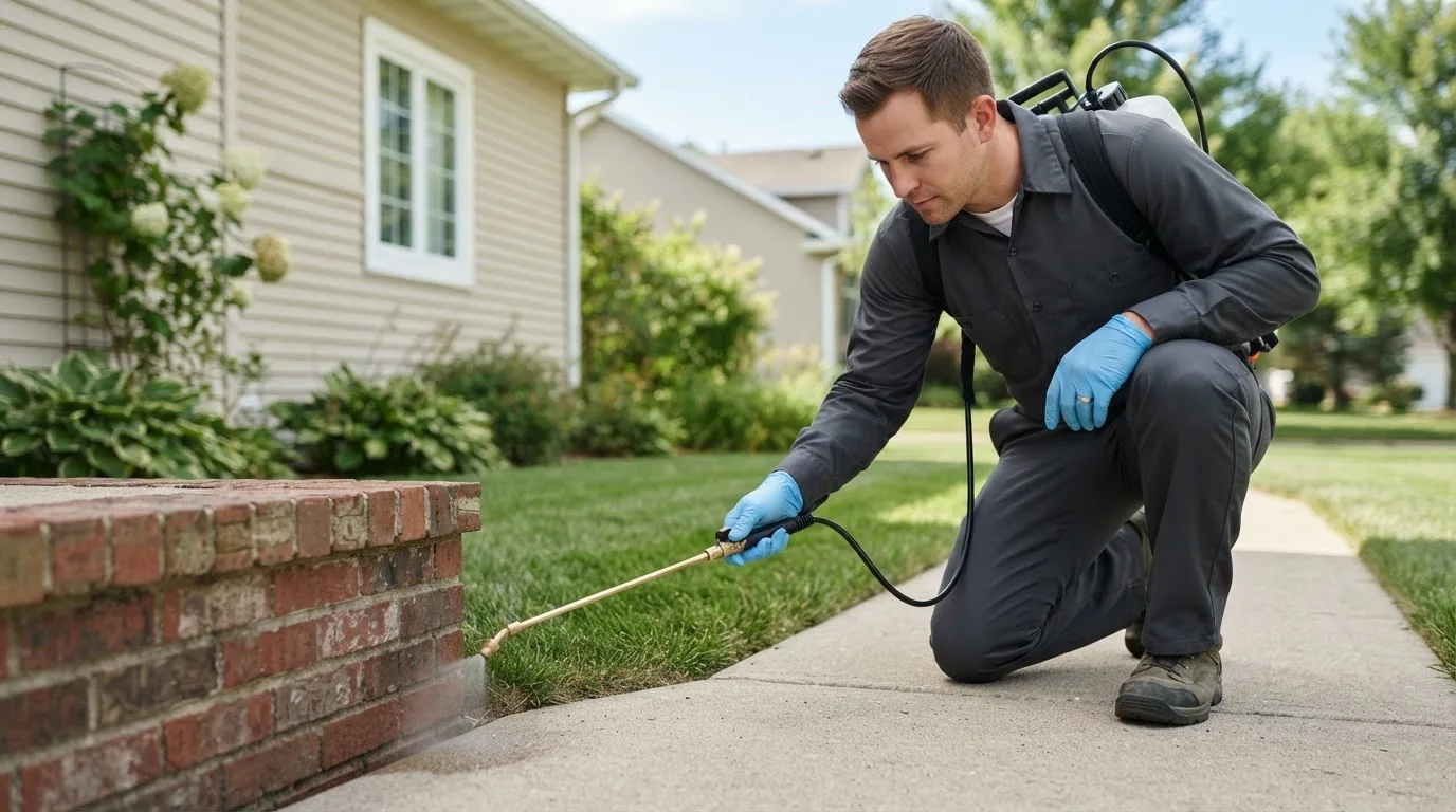 Pest control technician treating a home near Cedar Lane, TX